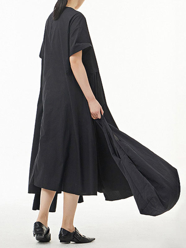 Solid Color Streamer Loose Short Sleeves Round-neck Midi Dresses