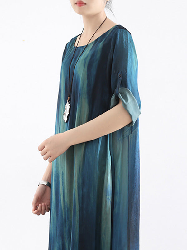 Artistic Retro 2 Pieces Printed Round-Neck Loose Maxi Dress