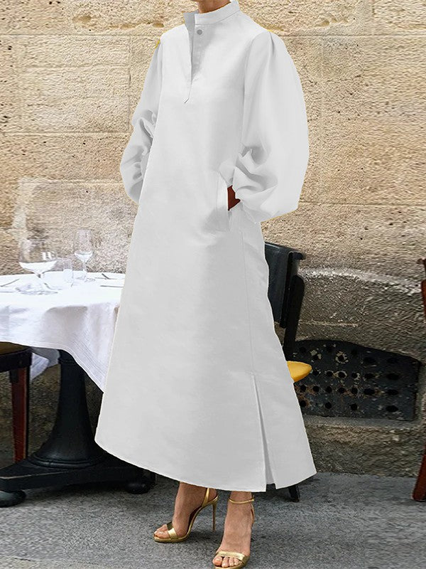 Buttoned Pleated Pockets Solid Color Split-side A-line Long Sleeves Stand Collar Midi Dresses