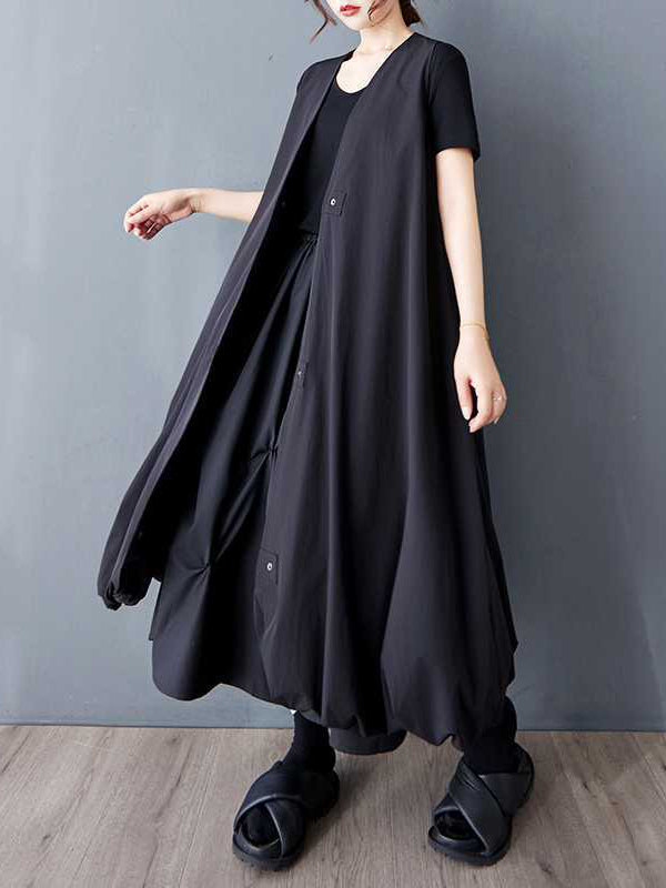 Buttoned Pleated Pockets Solid Color A-Line Loose V-Neck Vest Outerwear Midi Dresses