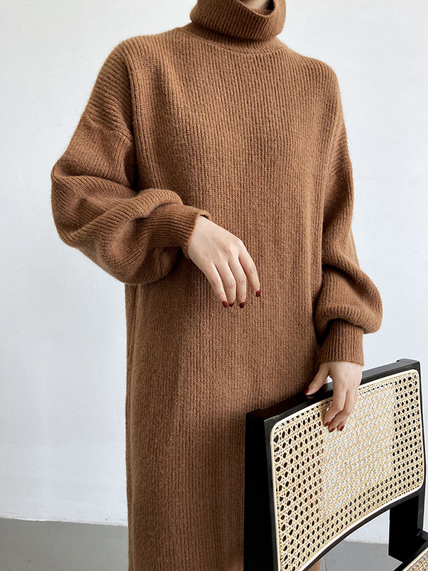 Urban Loose Puff Sleeves Solid Color High-Neck Sweater Dresses