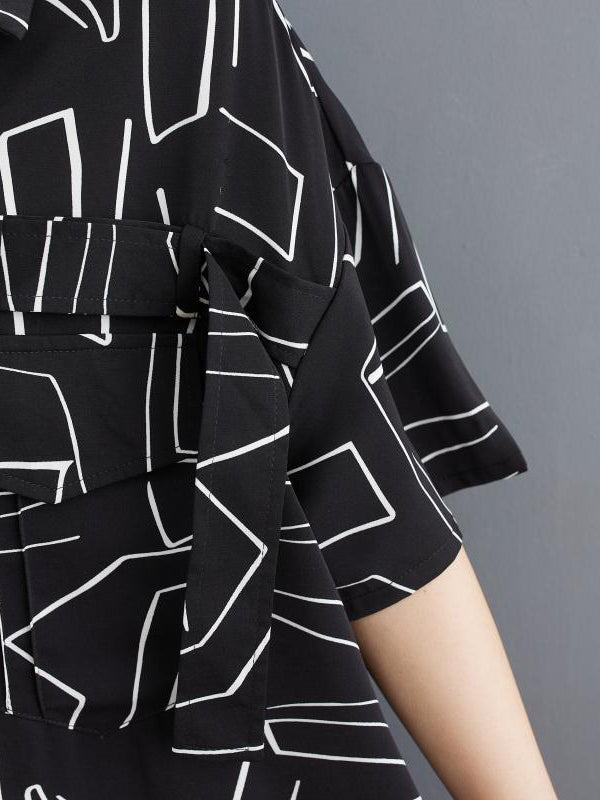 Abstract Printed Loose Lapel Midi Dresses