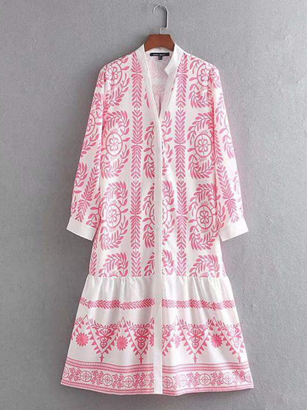 Leaves Print Printed Long Sleeves Loose Stand Collar Midi Dresses