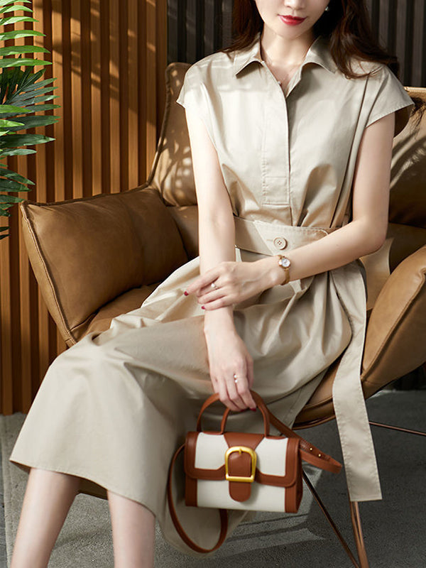 Bandage Solid Color Plus Size Short Sleeves Lapel Midi Dresses