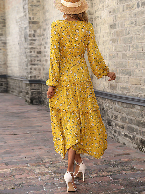 Vacation Puff Sleeves Floral Printed V-Neck Dress