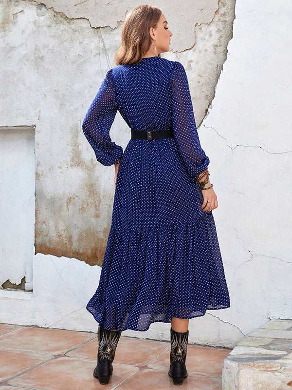 Bohemia Long Sleeves Polka-Dot Embroidered V-Neck Midi Dresses