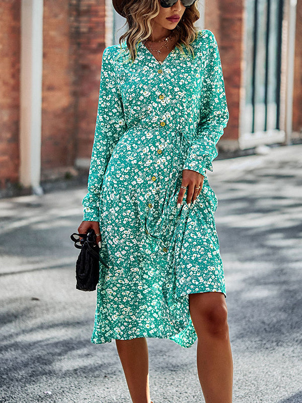 Bohemia Long Sleeves Floral Printed V-Neck Dress