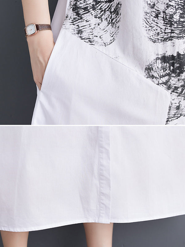 Abstract Printed Loose Short Sleeves Lapel Shirt Dress Midi Dresses