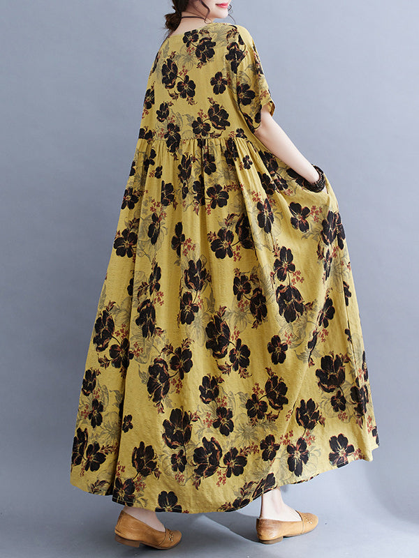 Pleated Printed Split-Joint Loose Short Sleeves Round-Neck Midi Dresses