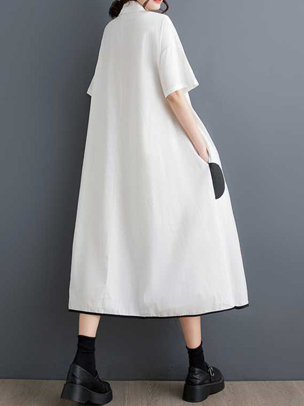 Buttoned Pockets Polka-Dot Split-Front Split-Joint A-Line Half Sleeves Lapel Shirt Dress Midi Dresses