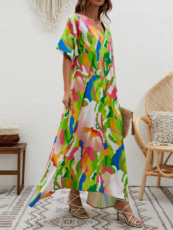 Contrast Color High-Waisted Printed Loose Short Sleeves V-neck Maxi Dresses