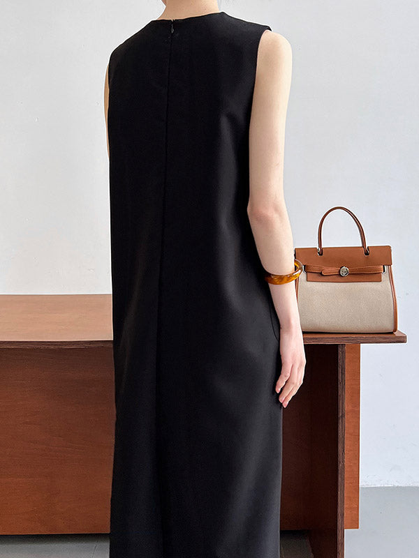 Pockets Solid Color Split-Back Zipper High Waisted Loose Round-Neck Midi Dresses
