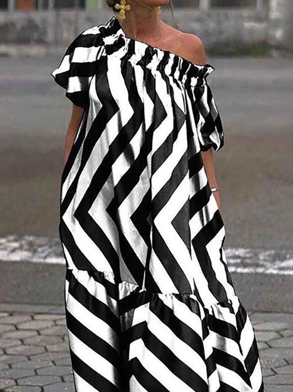 Asymmetric Contrast Color Elasticity Pleated Pockets Split-Joint Striped A-line Loose One-shoulder Maxi Dresses
