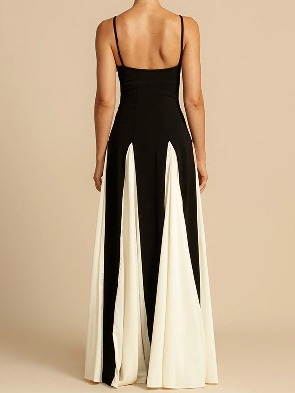 Backless Contrast Color Pleated Split-Joint High Waisted Sleeveless Spaghetti-Neck Maxi Dresses