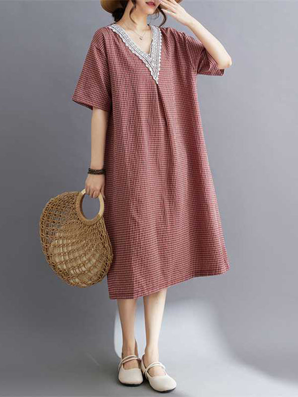 Plaid Pleated Split-Joint A-Line Half Sleeves V-Neck Midi Dresses