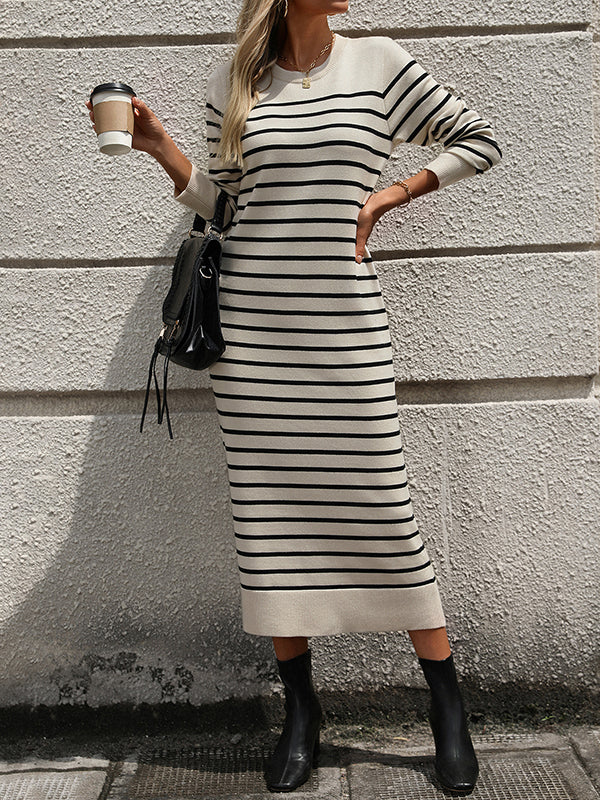 Split-Joint Striped Long Sleeves Loose Round-Neck Sweater Dresses Midi Dresses