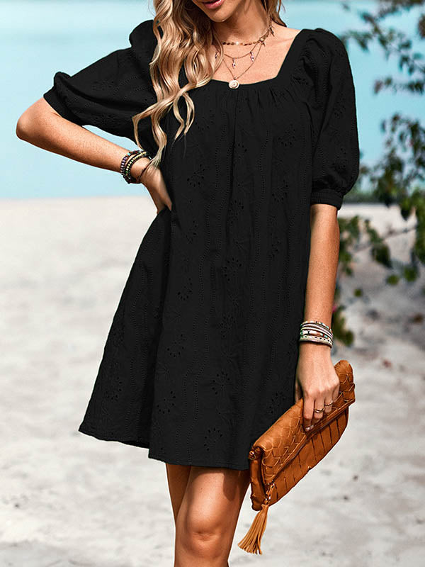 Jacquard Solid Color Loose Puff Sleeves Square-neck Mini Dresses