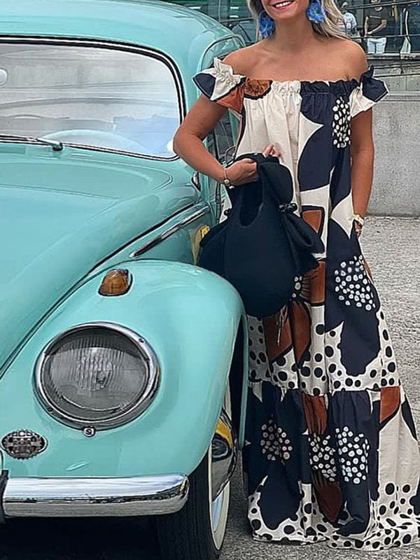 Flower Print Split-Joint Loose Short Sleeves Off-The-Shoulder Maxi Dresses
