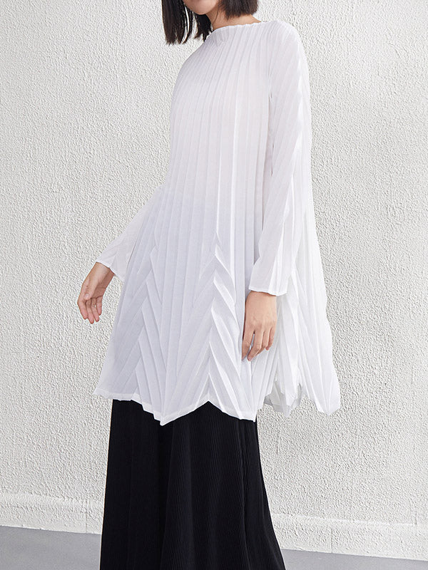 Pleated Solid Color A-Line Long Sleeves Round-Neck Mini Dresses