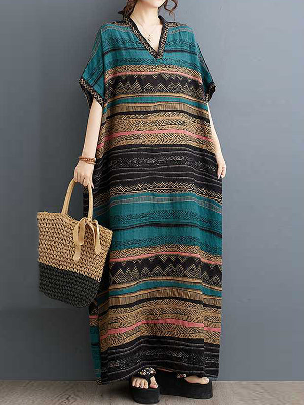 Split-Joint Striped A-Line Batwing Sleeves V-Neck Maxi Dresses