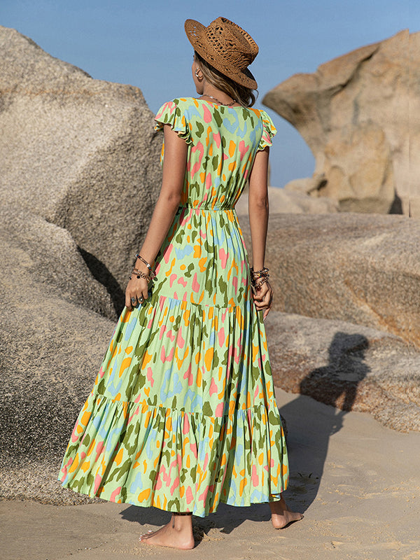 Bohemia A-Line Flared Sleeves V-Neck Maxi Dress