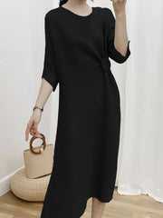 Pleated Solid Color Half Sleeves Irregular Clipping Round-Neck Midi Dresses