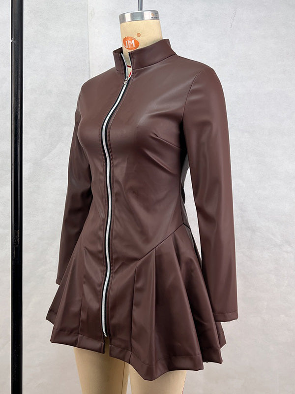 Pleated Split-Joint Zipper Long Sleeves Skinny Stand Collar Mini Dresses