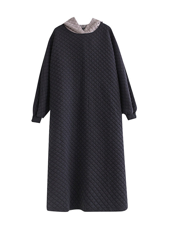 Hooded Quilted Split-Side A-Line Long Sleeves Midi Dresses