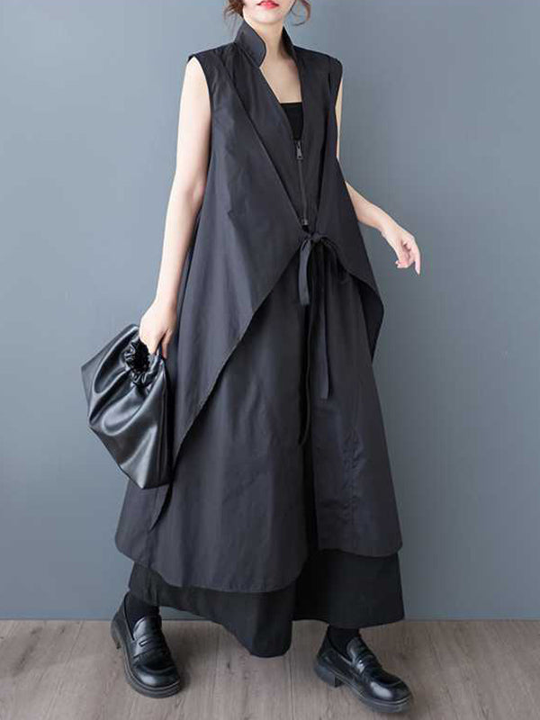 Pockets Solid Color Tied Zipper A-Line Loose V-Neck Shirt Dress Midi Dresses