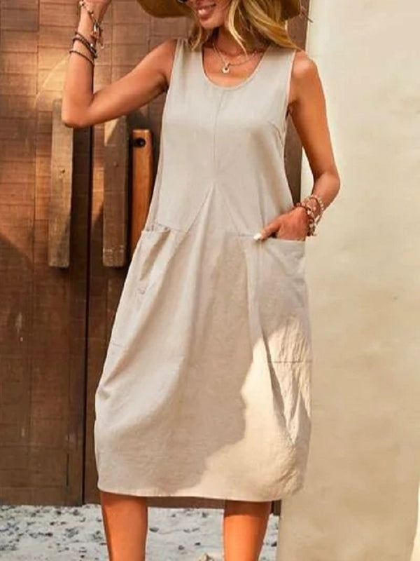 Pleated Solid Color Split-Joint Loose Sleeveless Round-Neck Midi Dresses