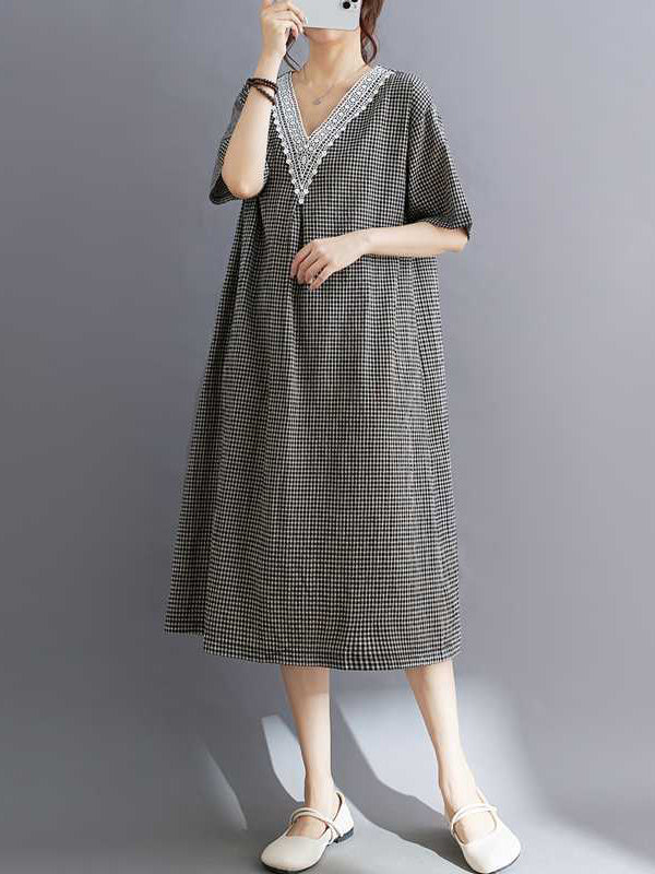 Plaid Pleated Split-Joint A-Line Half Sleeves V-Neck Midi Dresses