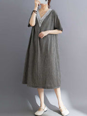 Plaid Pleated Split-Joint A-Line Half Sleeves V-Neck Midi Dresses