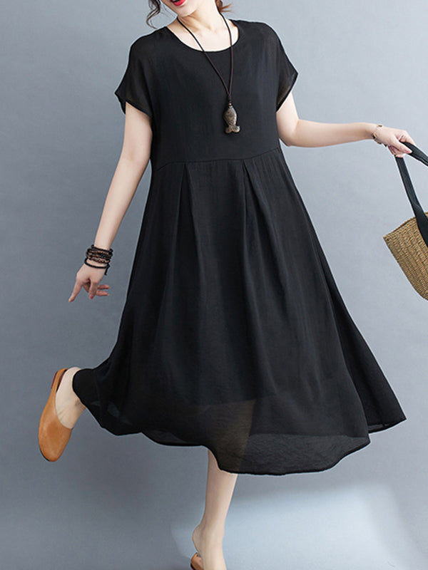 Solid Color Split-Joint Loose Short Sleeves Round-neck Midi Dresses