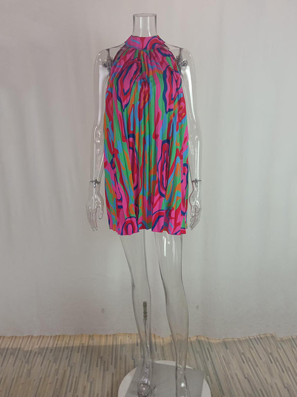 Pleated Printed Loose Plus Size Halter-Neck Short Dresses Mini Dresses