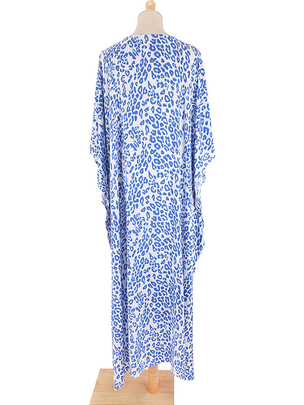 Leopard Split-Side Sun Protection Batwing Sleeves Loose V-Neck Maxi Dresses Cover-Ups Swimwear