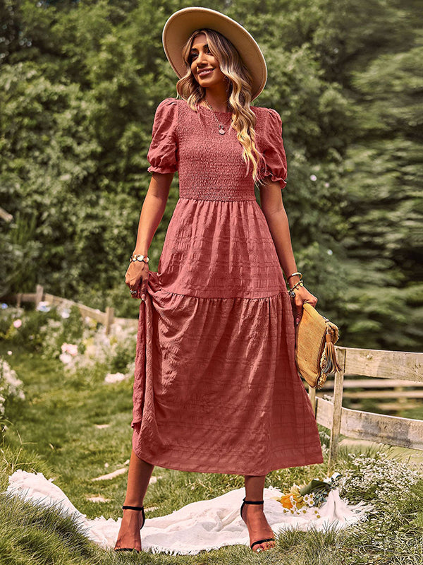 Bohemia Loose High Waisted Solid Color Round-Neck Maxi Dresses