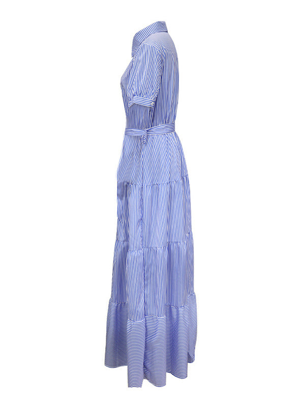 Striped Loose Short Sleeves Lapel Maxi Dresses