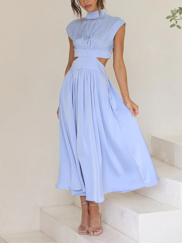 Belly-Hollow Pleated Solid Color Cap Sleeve Stand Collar Maxi Dresses
