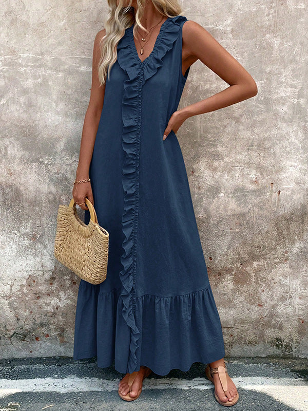 Pleated Ruffle Trim Solid Color A-Line Loose V-Neck Maxi Dresses