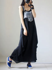 Falbala Split-Joint Irregularity Loose Spaghetti-Neck Maxi Dresses