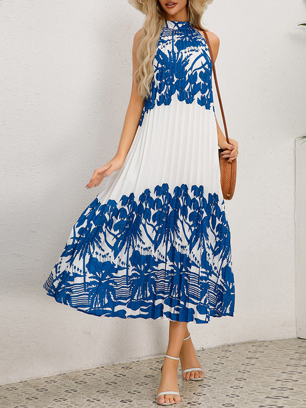 Hollow Pleated Printed Tied A-Line Loose Mock Neck Midi Dresses