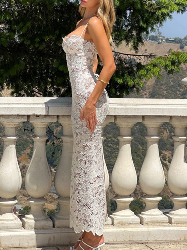 Flower Lace Hollow Sleevless Spaghetti-Neck Elegant Wrap Maxi Dresses
