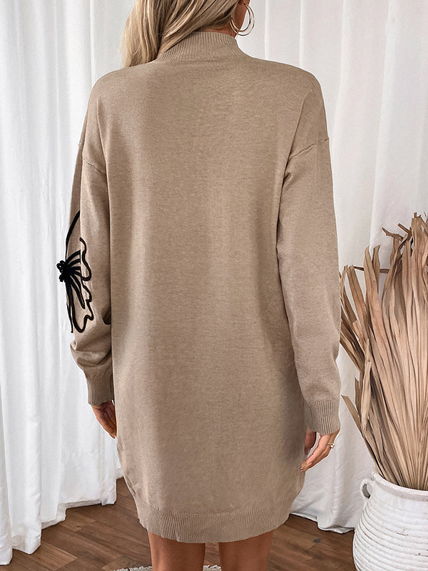 Knitted Flower Split-Joint Long Sleeves Loose Mock Neck Sweater Dresses Mini Dresses