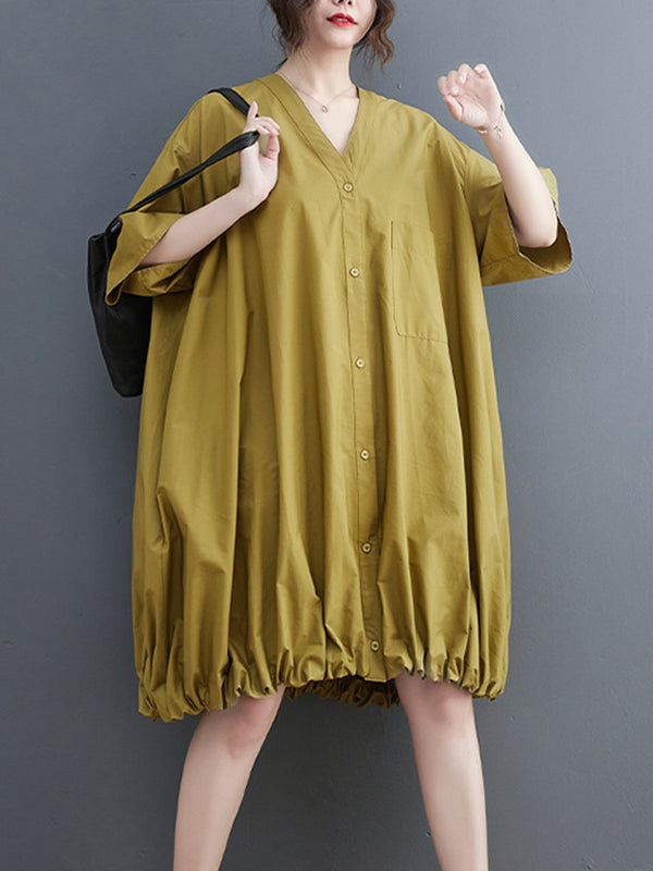 Solid Color Loose Short Sleeves V-neck Midi Dresses