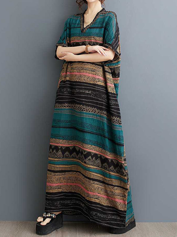 Split-Joint Striped A-Line Batwing Sleeves V-Neck Maxi Dresses