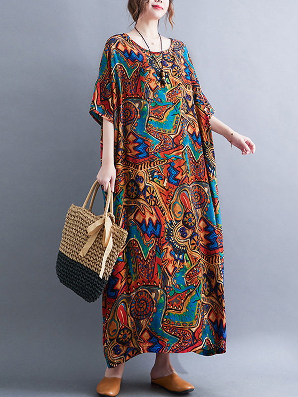 Original Artistic Retro Loose Printed Contrast Color Midi Dress