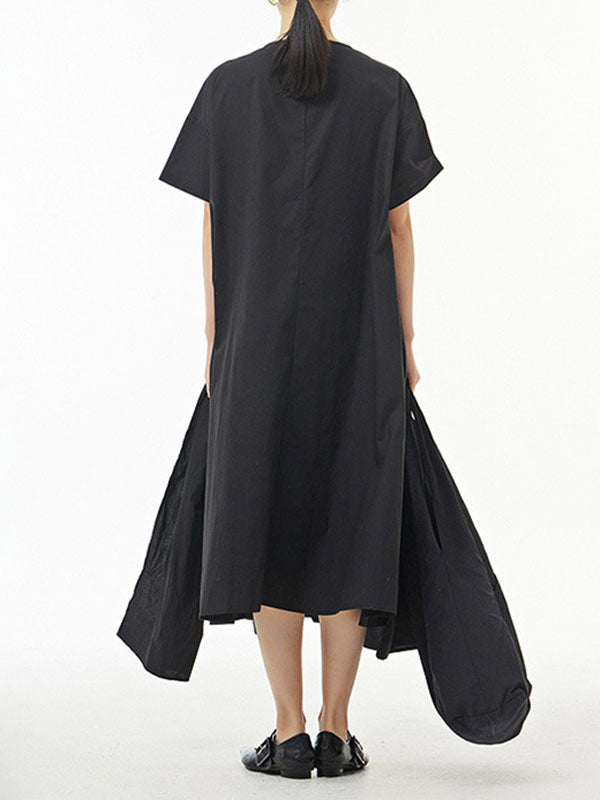 Solid Color Streamer Loose Short Sleeves Round-neck Midi Dresses