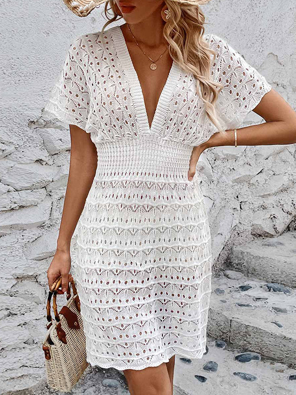 Hollow See-Through Solid Color Loose Short Sleeves Deep V-Neck Mini Dresses