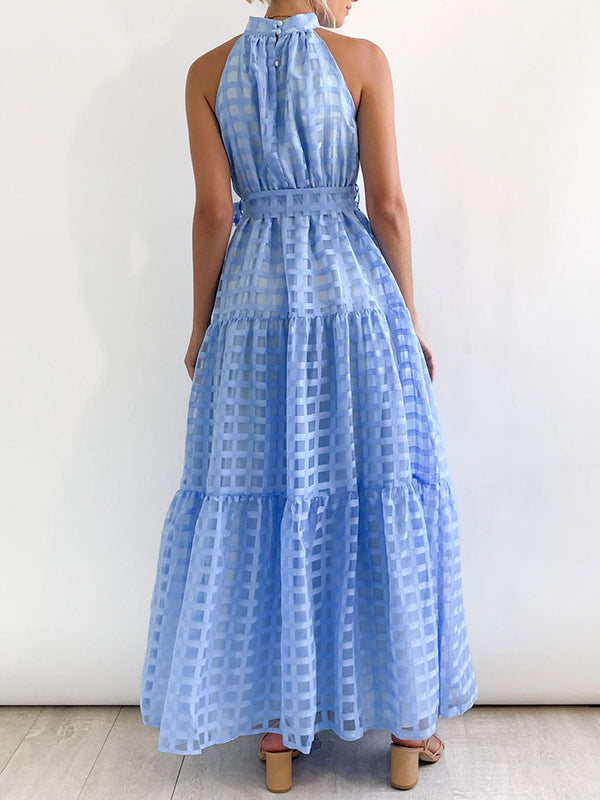 Plaid Ribbed Loose Sleeveless Stand Collar Maxi Dresses