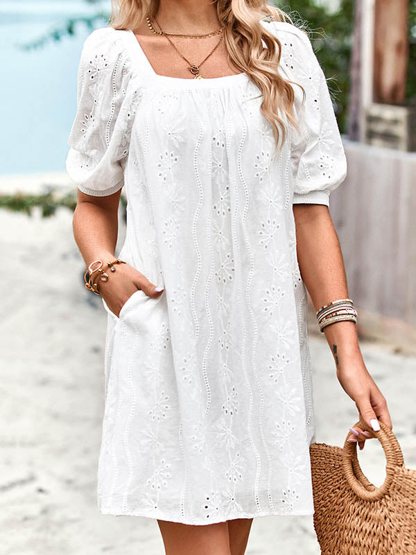 Jacquard Solid Color Loose Puff Sleeves Square-neck Mini Dresses